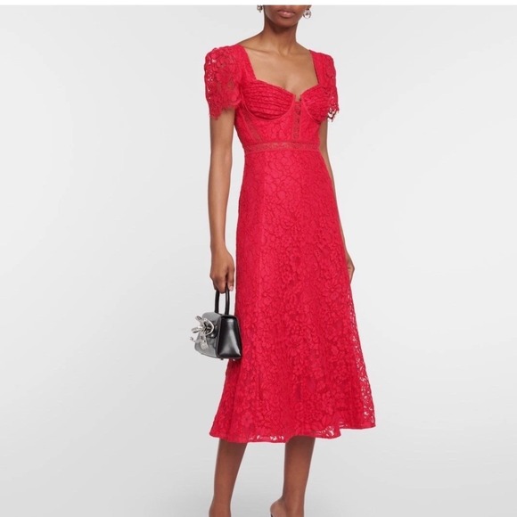 Self-Portrait Dresses & Skirts - Self-Portrait Red Floral Cord Lace Bustier Midi Dress Cap Sleeve Sweetheart Sz 8